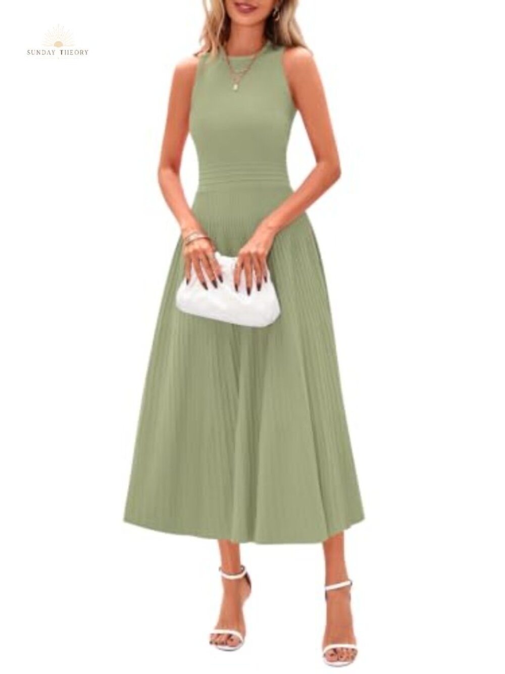 Pleated Midi Work Dress Sleeveless A-Line Business Casual